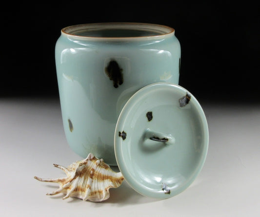 Tezuka Shodo Celadon Glaze and Iron Spot Mizusashi