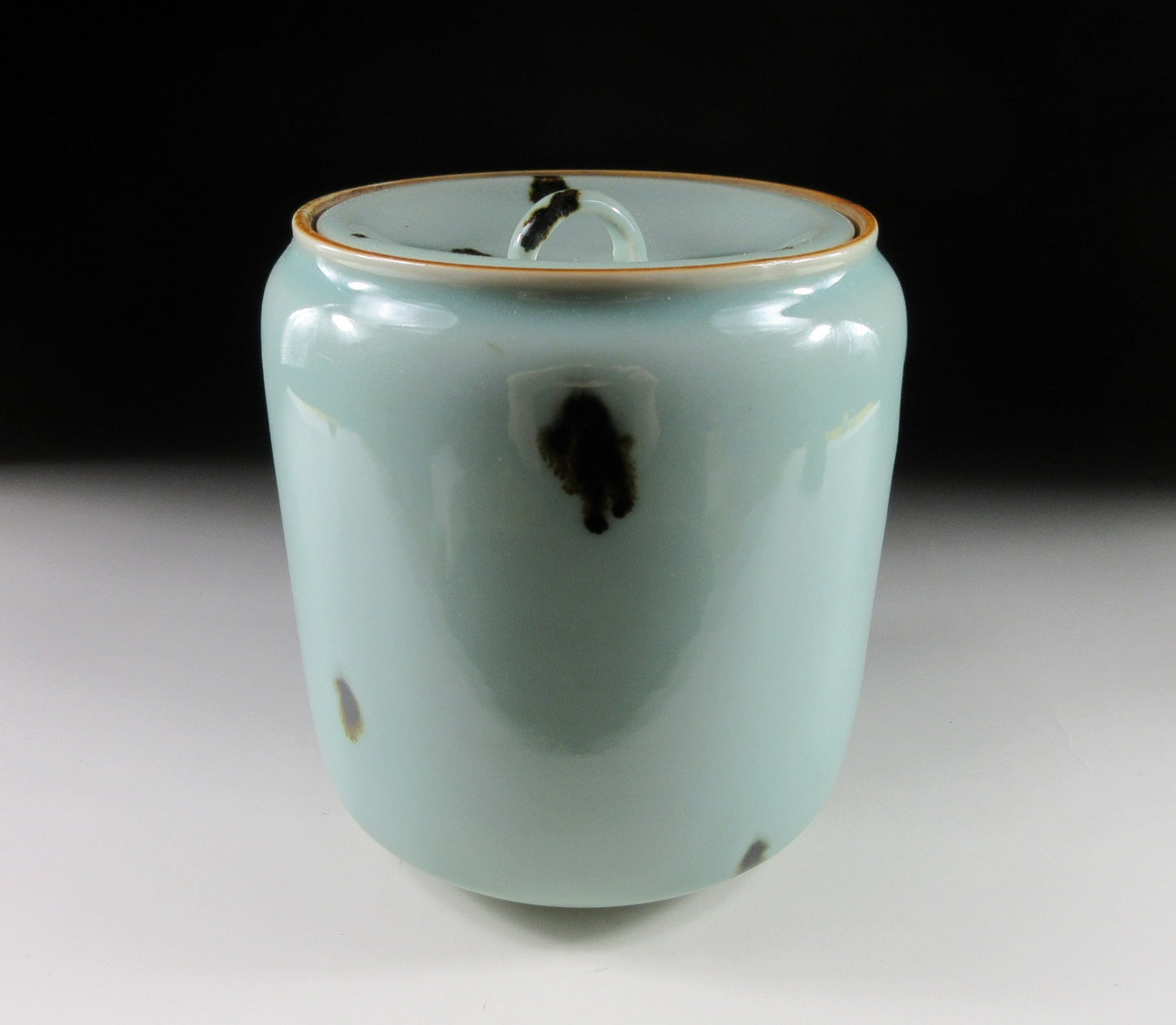 Tezuka Shodo Celadon Glaze and Iron Spot Mizusashi