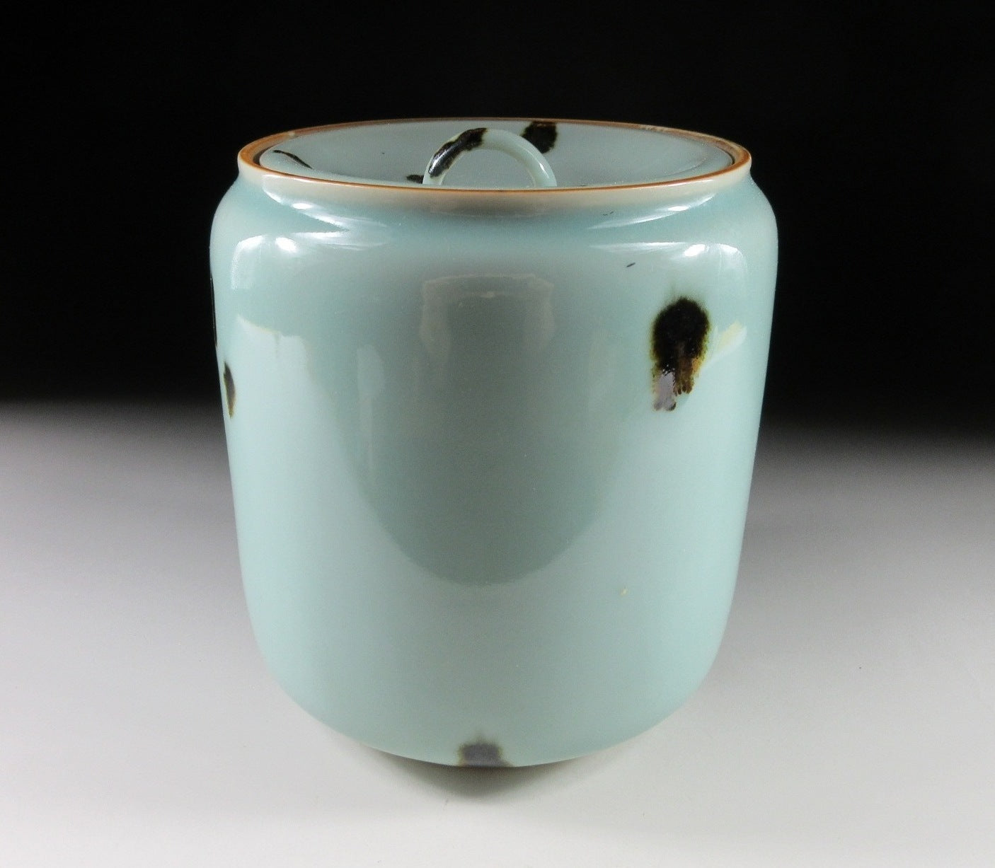 Tezuka Shodo Celadon Glaze and Iron Spot Mizusashi