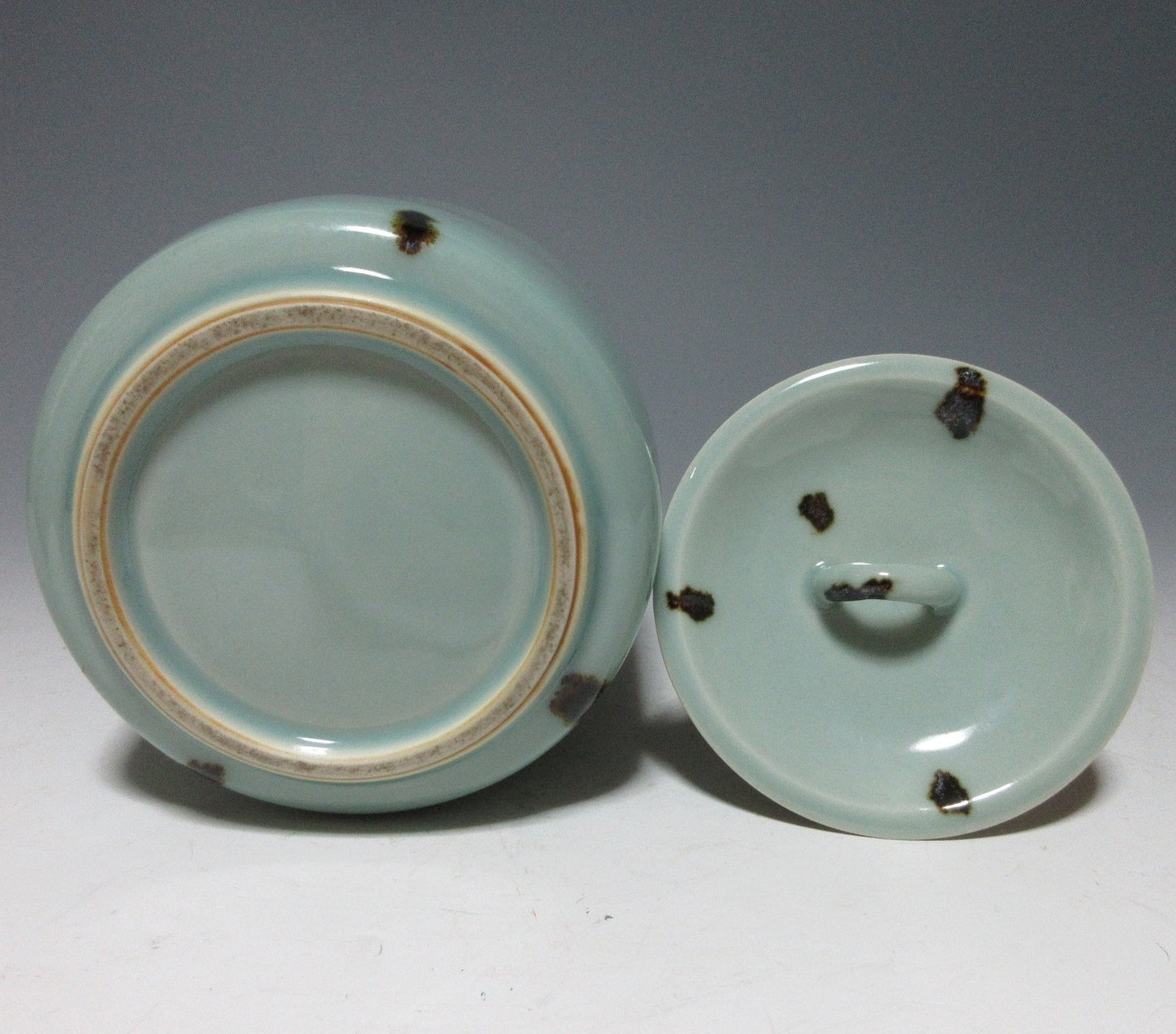 Tezuka Shodo Celadon Glaze and Iron Spot Mizusashi