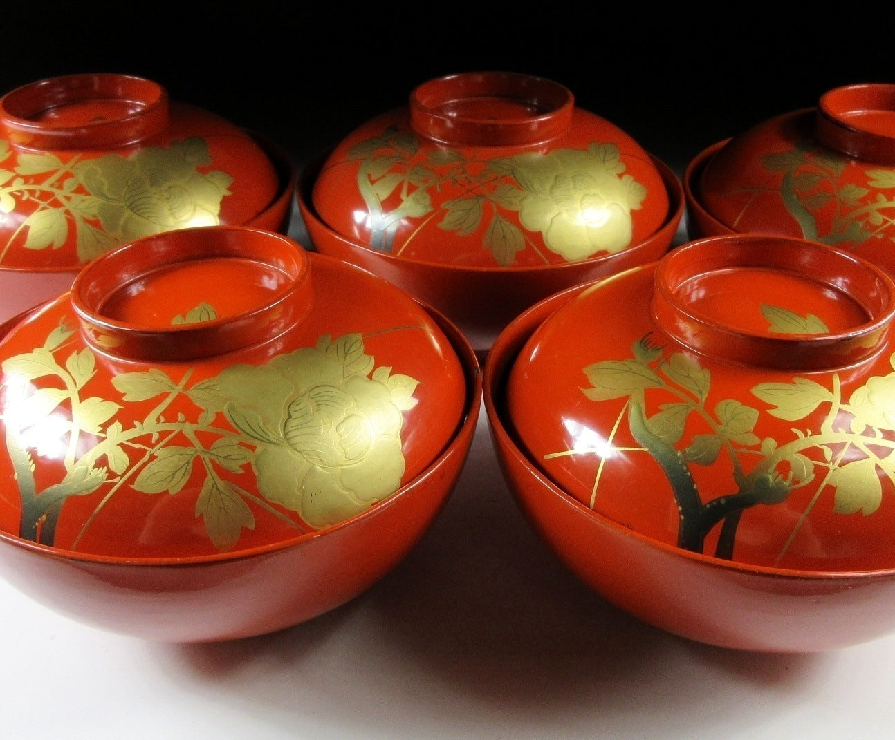 Set of Five Urushi Peony Bowls