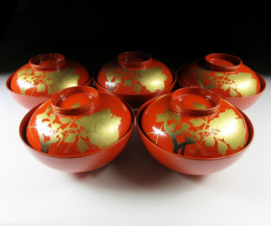 Set of Five Urushi Peony Bowls